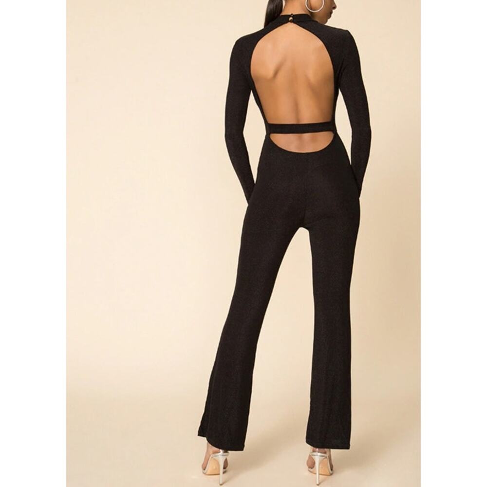 Superdown Nissa Open Back Sheer Black Shimmer Jumpsuit Size M